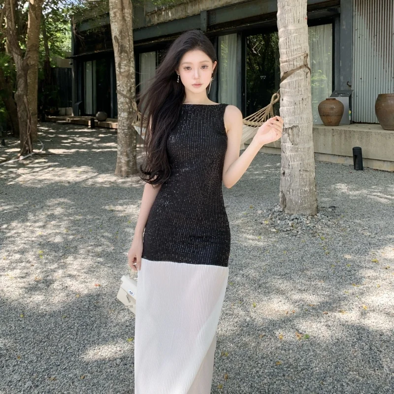 Robe longue plissée pour femmes, dos nu, sans manches, paillettes, Patchwork, élégante, Slim Fit, robes de soirée, nouvelle collection été, N832