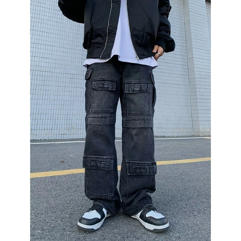 

Washed Denim Jeans High Street Patchwork Multi Pocket Loose Straight Leg Workwear Pants Men Women Retro American Style