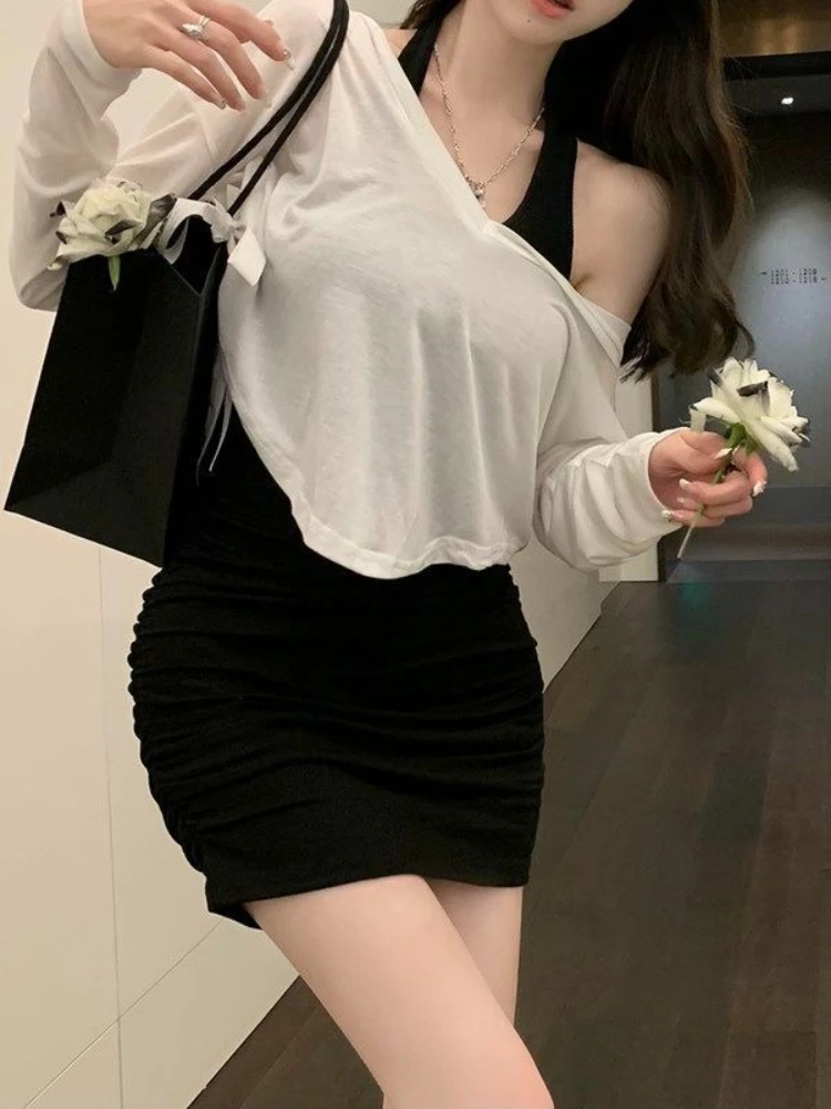 

Summer Pure Sexy Hot Girl Two Piece Set Women Bodycon Halter Dress Hooded Thin Lightweight Sun Protection Cover Up Top