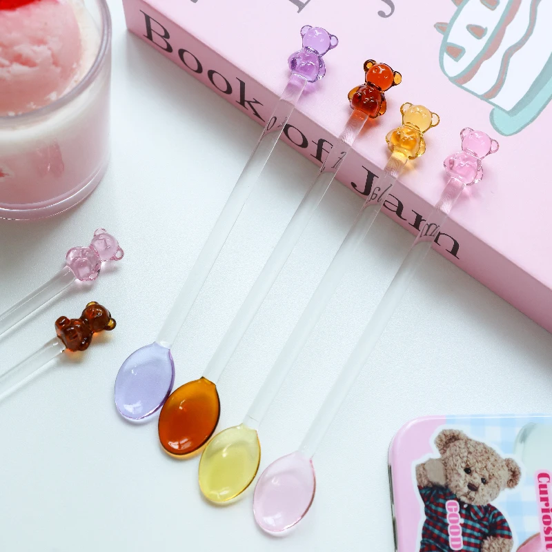 Japanese Style Creative Milk Dessert Teddy Bear Spoon Colorful Transparent Glass Spoon Cute Long Handled Coffee Stirring Spoon