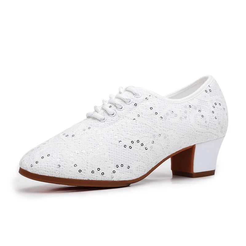 Chaussures de danse latine en maille respirante pour adultes, danse sociale moderne, danse carrée, chaussures de danse pour enseignant en forme de talon moyen, été