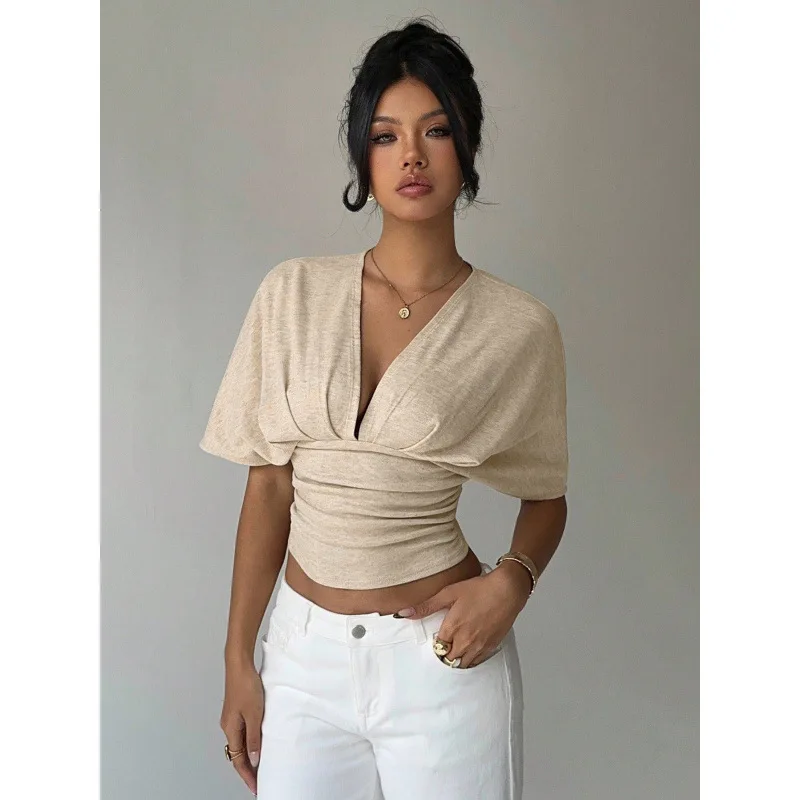 Women's Light Gray V-neck Twisted Short-sleeve Cropped Loose-fit T-shirt, Women's Summer Casual Wear Femme Sexy Clothing