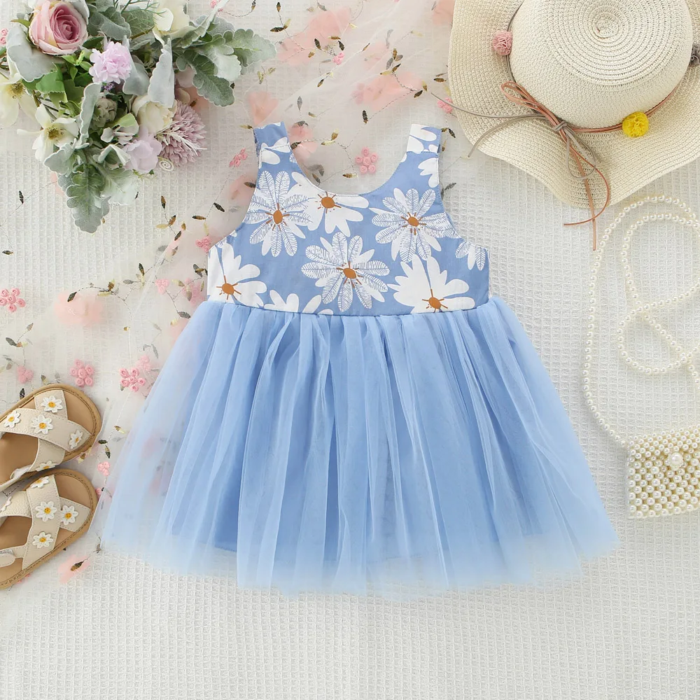 Summer New Girl Dress with Mesh Dress, Sweet Princess Dress, Flower Print Bow Birthday Party Dress (0-3 Year Old Girl)