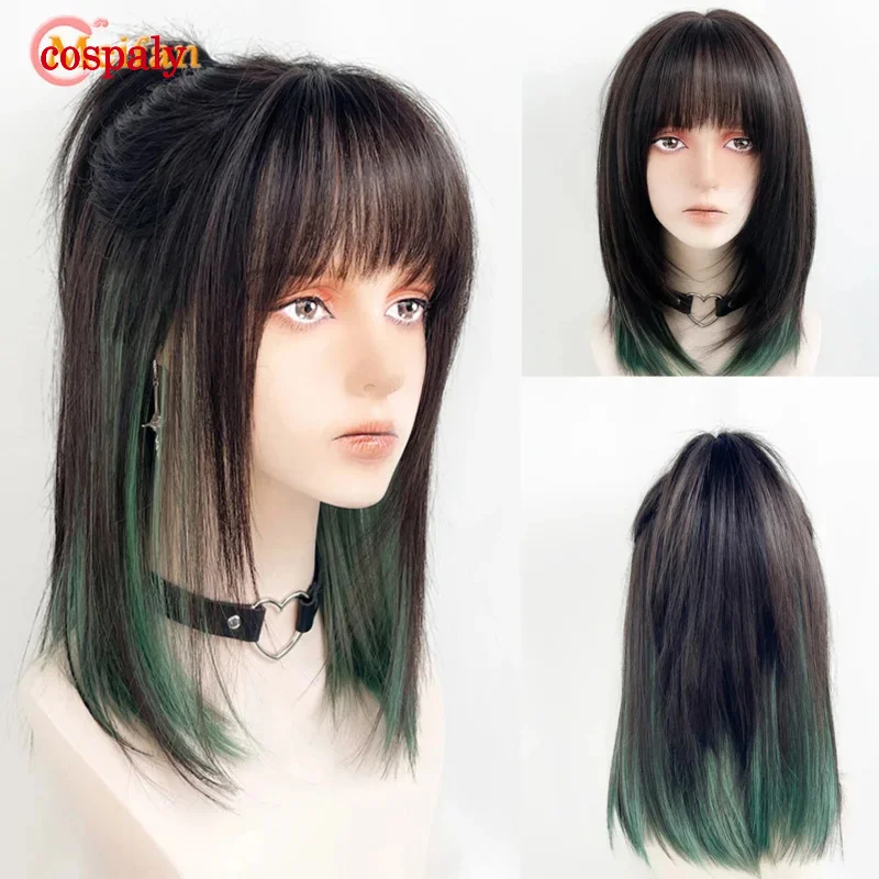 A Meifan synthetic green black purple middle length wig straight Lolita wigs cosplay wigs heat resistant hair anime party hair