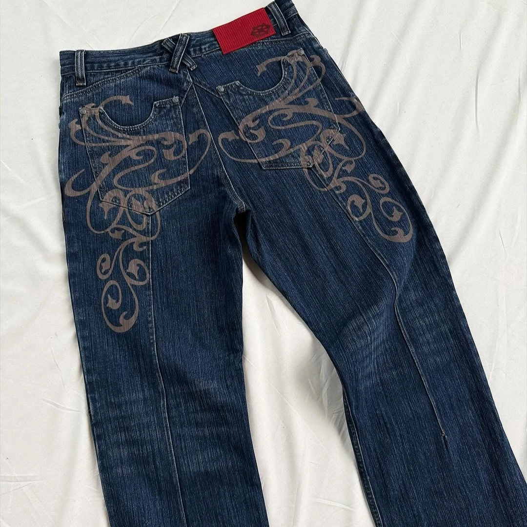 Y2k fragmento coleção jeans baggy vintage couro bordado gráfico impresso calças de perna larga azul lavado hip hop rua jeans