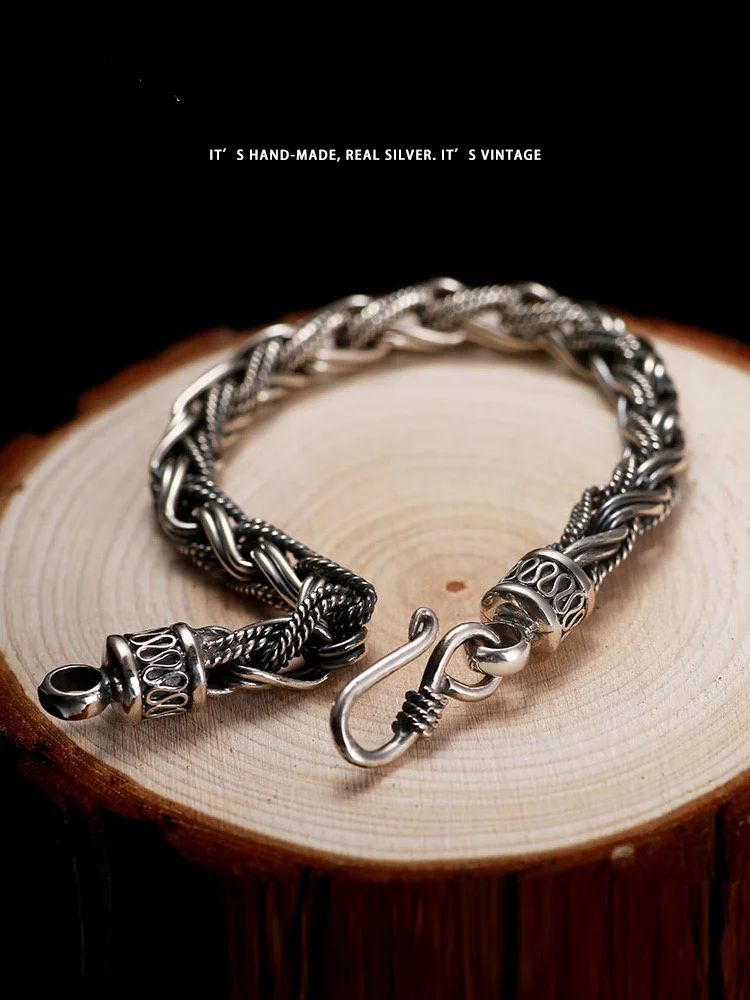 Vintage style S999 sterling silver bracelet necklace 6mm twine hand woven chain men's and women's personality punk jewelry