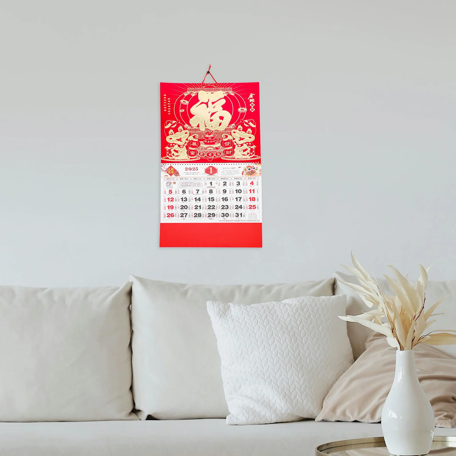 Calendario mensual chino de pared, desplazamiento diario, gira la página, estampado claro, serpiente para citas, 2025