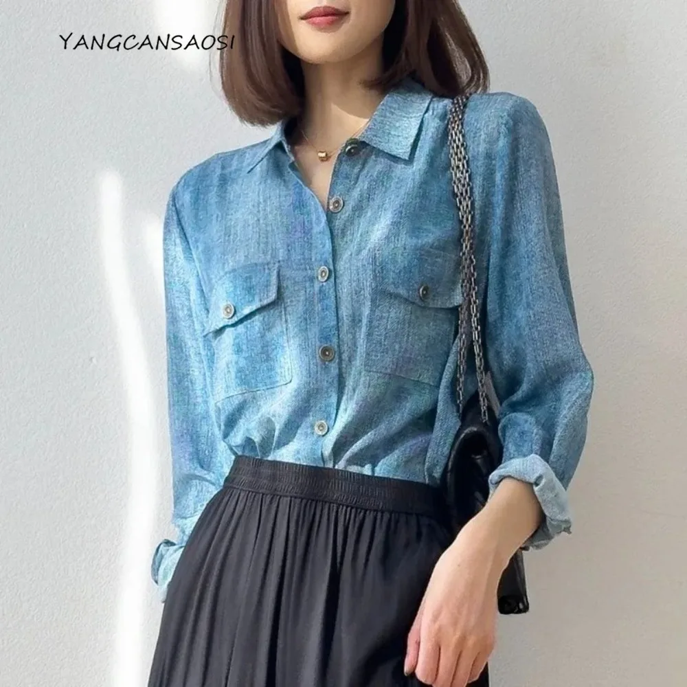 

Women's Spring Clothing Versatile 100% Natural Mulberry Silk Crepe De Chine Fashion Casual Turn-down Collar Long Sleeve Shirt