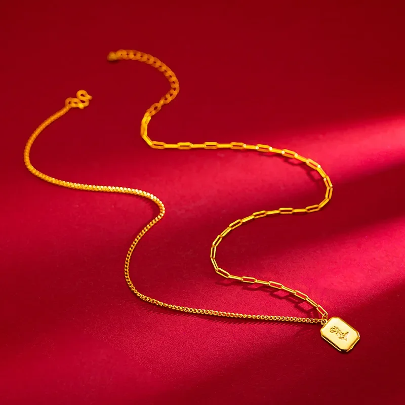 9999 real gold 24K yellow gold English Necklace Rose Card Collarbone Necklace real gold jewelry