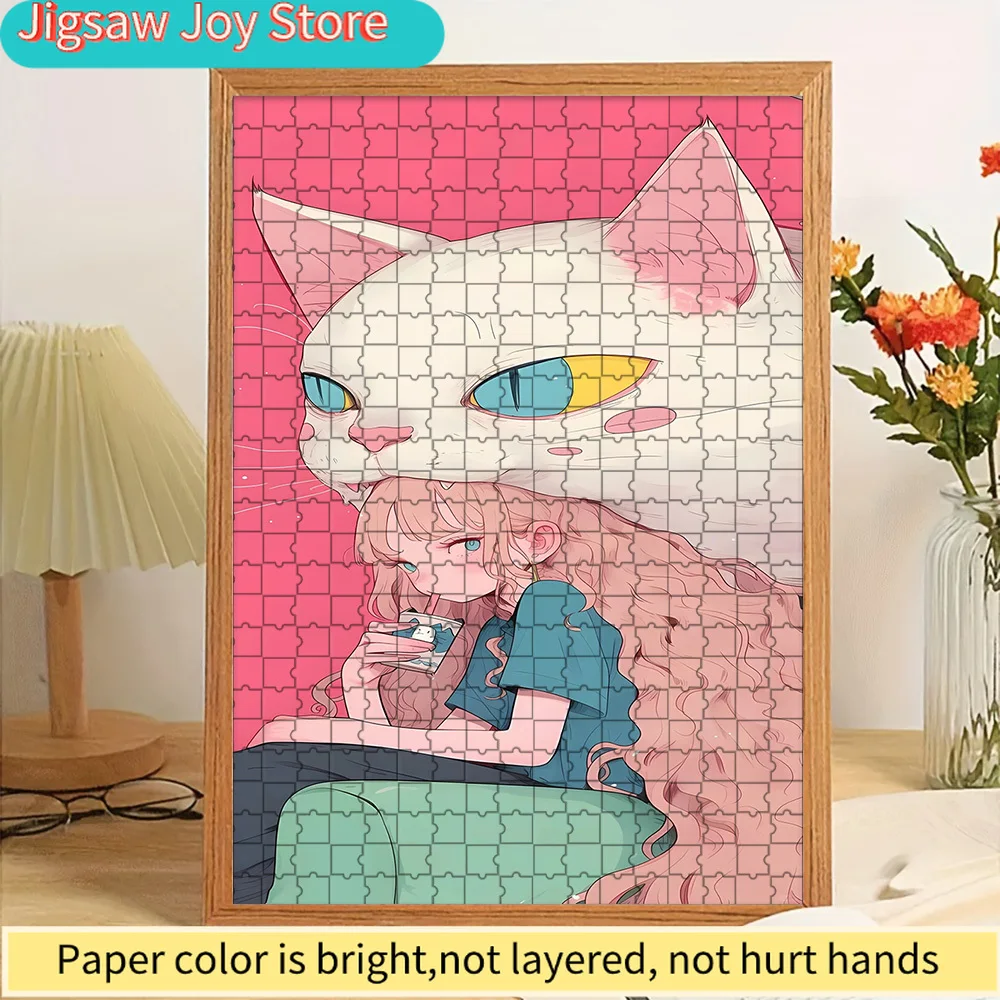 

Anime Girl & Giant White Cat Paper Puzzle, Whimsical Character Art of a Pink-Haired Girl with a Giant Cat on a Pink Background,