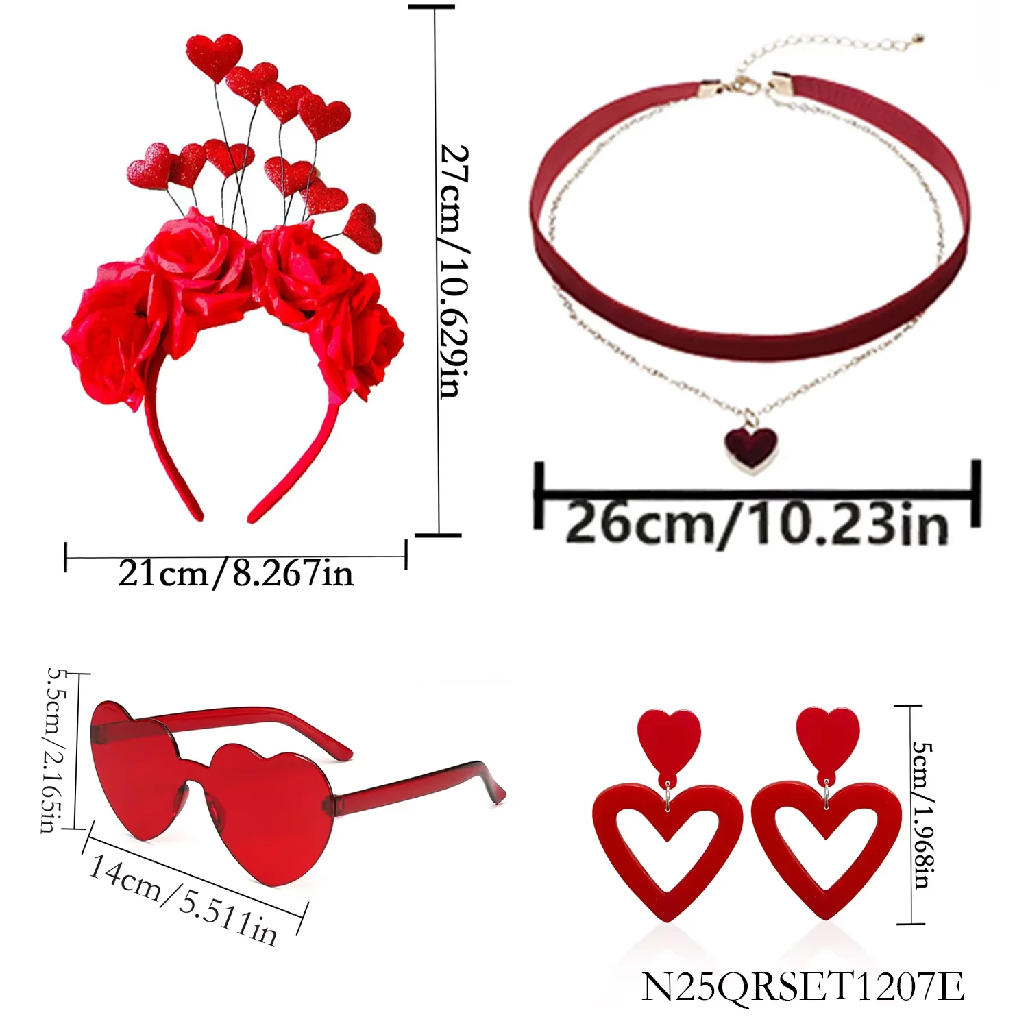 PESENAR Valentinstag Rote Rose Herz Zubehör Set Stirnband Halsband Brille Ohrringe