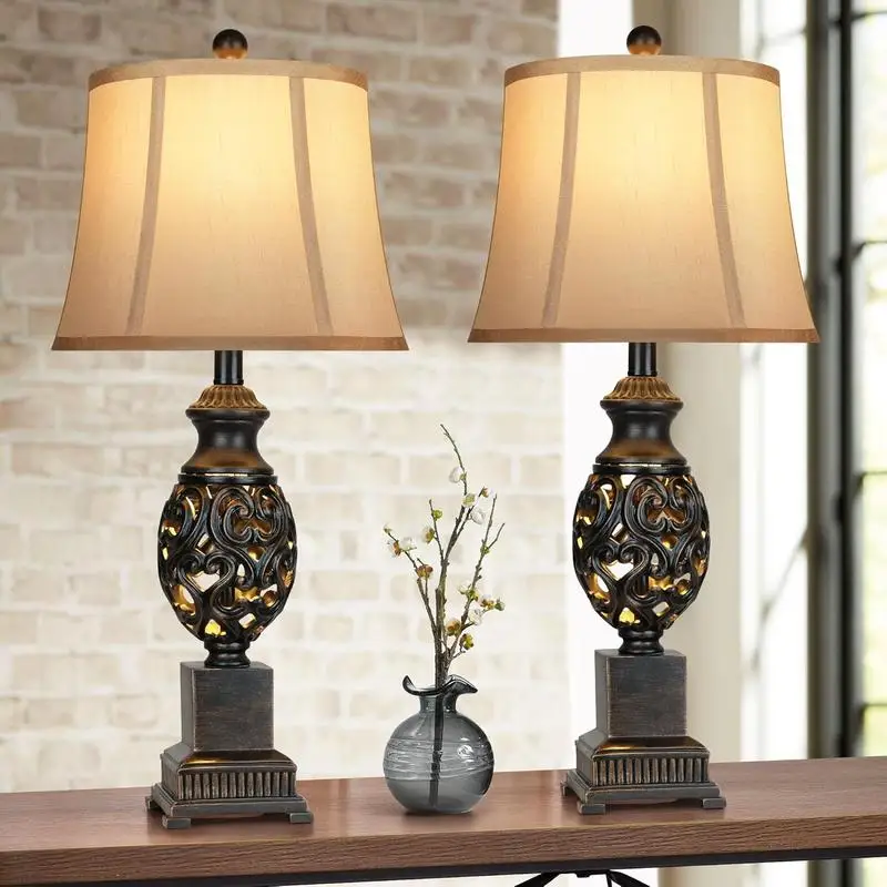 

Set of 2 Bedside Lamps, 28" Tall Rustic Nightstand Lamps with Linen Shades for Living Room and Bedroom, Black Finish