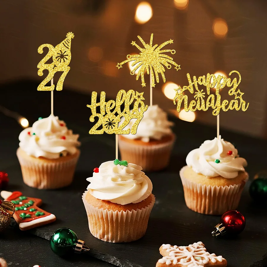YOMDID 24Pcs Happy New Year Cupcake Toppers New Year Cupcake Toppers Firework Pattern Cupcake Topper Hello Cupcake Picks - view 2