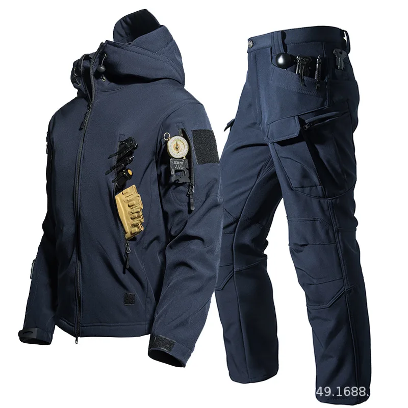 Herren Taktisches Softshell 2-Teiliges Set Kapuzen-Fleecejacke Multi-Taschen-Cargohose Winddichter Militäranzug für Outdoor-Wanderungen und Camping – Detail 8