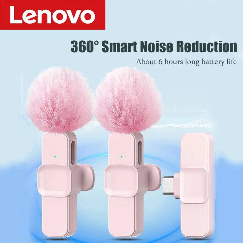 Lenovo – Microphone Lavalier sans fil rose, pour iPhone, Android, PC, téléphone de jeu en direct, enregistrement Audio et vidéo Portable, Microphone Vlog