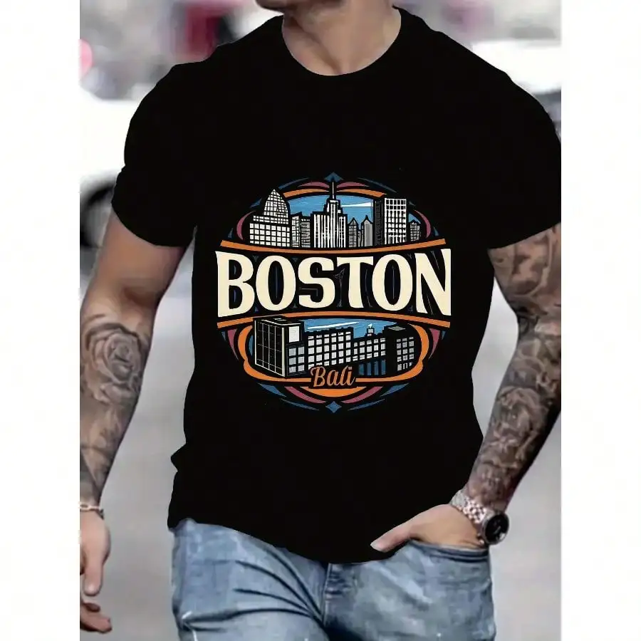 เสื้อยืดพิมพ์ลายฤดูร้อนของผู้ชาย บอสตัน สไตล์ย้อนยุคและลําลอง สไตล์เมืองเมืองยอดนิยม เสื้อยืดคอกลม สินค้ามาใหม่ สีดํา
