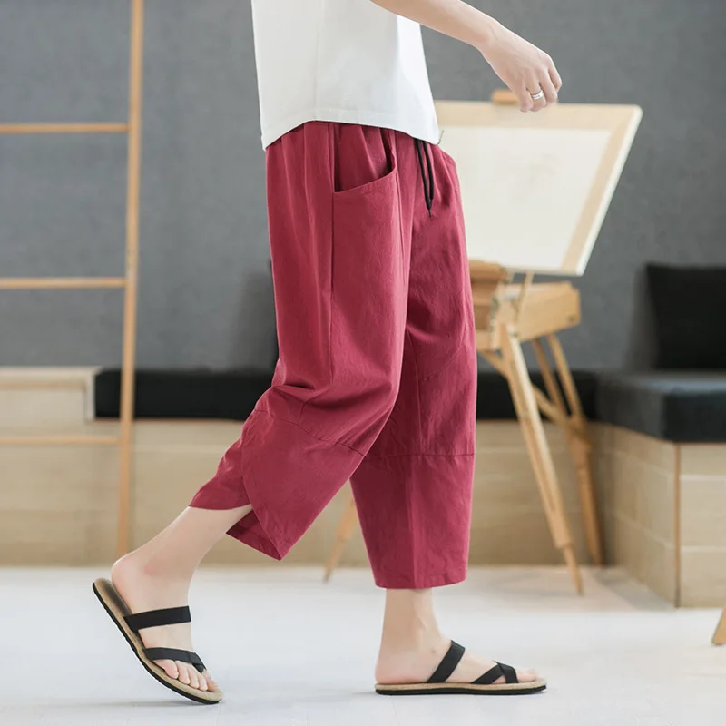 Summer New Men's 7-point Pants Chinese Cotton And Linen Retro Breeches Wide-leg Casual Pants Men