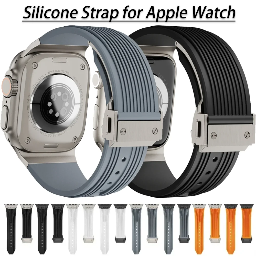 Liquid Silicone Strap for Apple Watch Ultra 49mm 11 10 46mm 9 8 7 45mm Metal Buckle for IWatch 6 5 4 SE 44mm Comfortable Correa