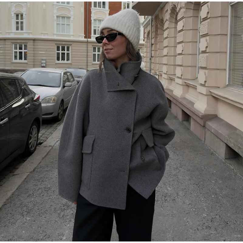 Vintage Damen Wollmantel mit Stehkragen, Einfarbig mit Taschen, Langarm Einreihige Jacke, Damenoberbekleidung Herbst Winter 2026 – Detail 10