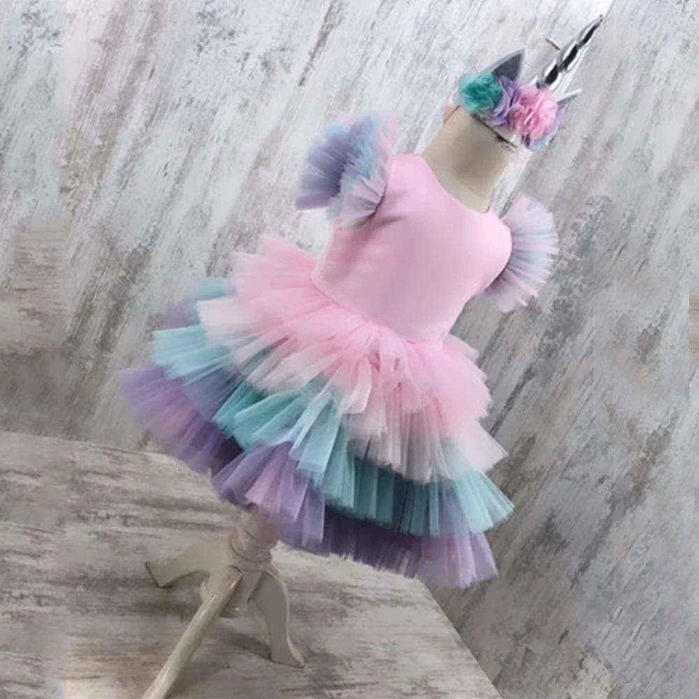 Vestidos de tul a capas para niña, vestidos coloridos de flores con cuello redondo de manga corta, minivestido de fiesta de Navidad con lazo