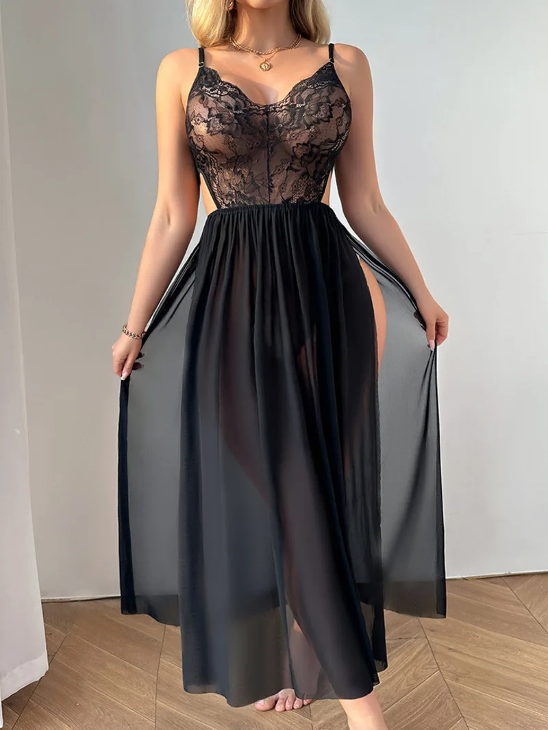 Sexy Erotic Nightdress for Women Lace Temptation Strap Dress Nightgown Sheer Dress Long Dress R5EL