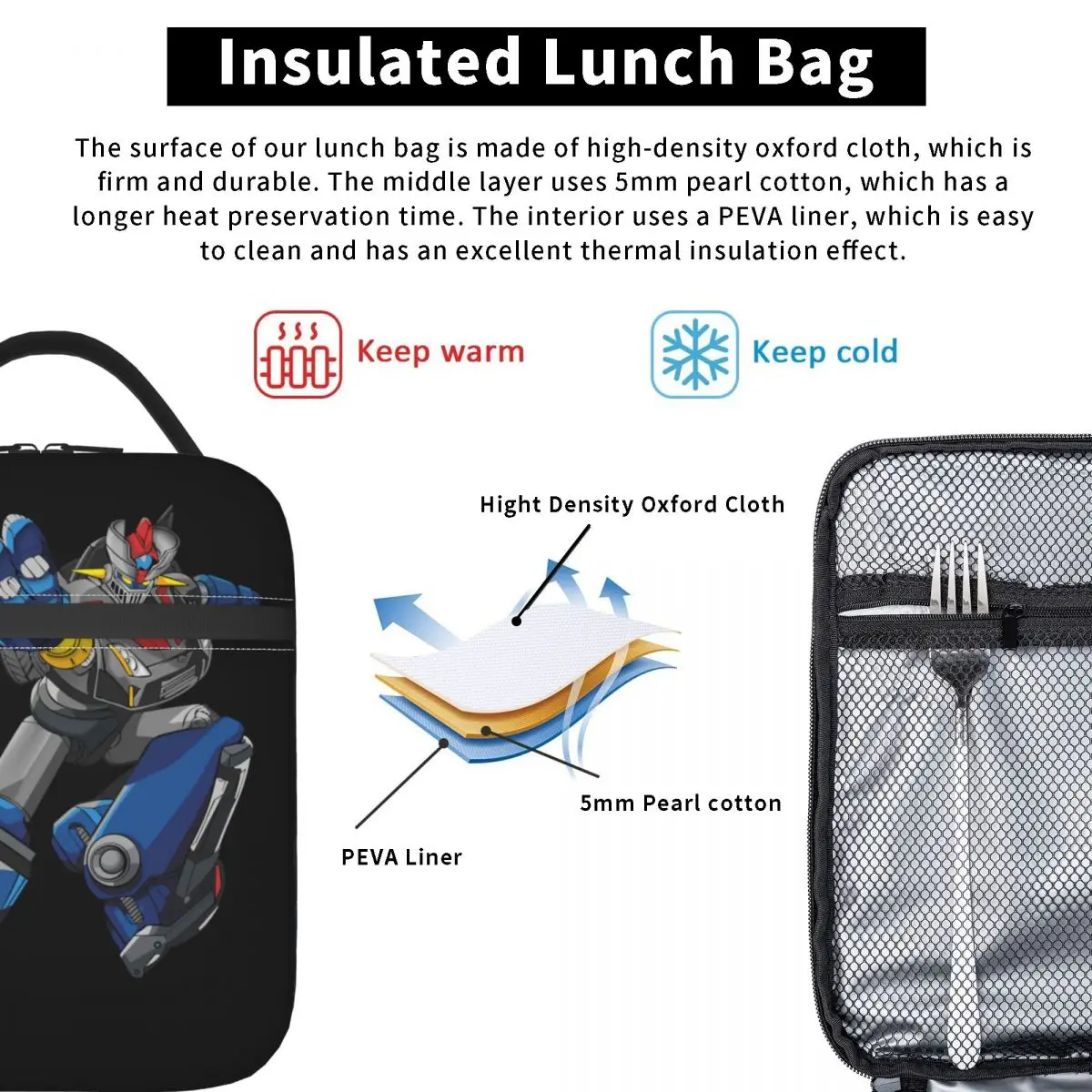 Mazinger-Z Anime Geïsoleerde Lunchtas Hoge Capaciteit Herbruikbare Koeltas Lunchbox Tote Office Reizen Voedselopbergzakken