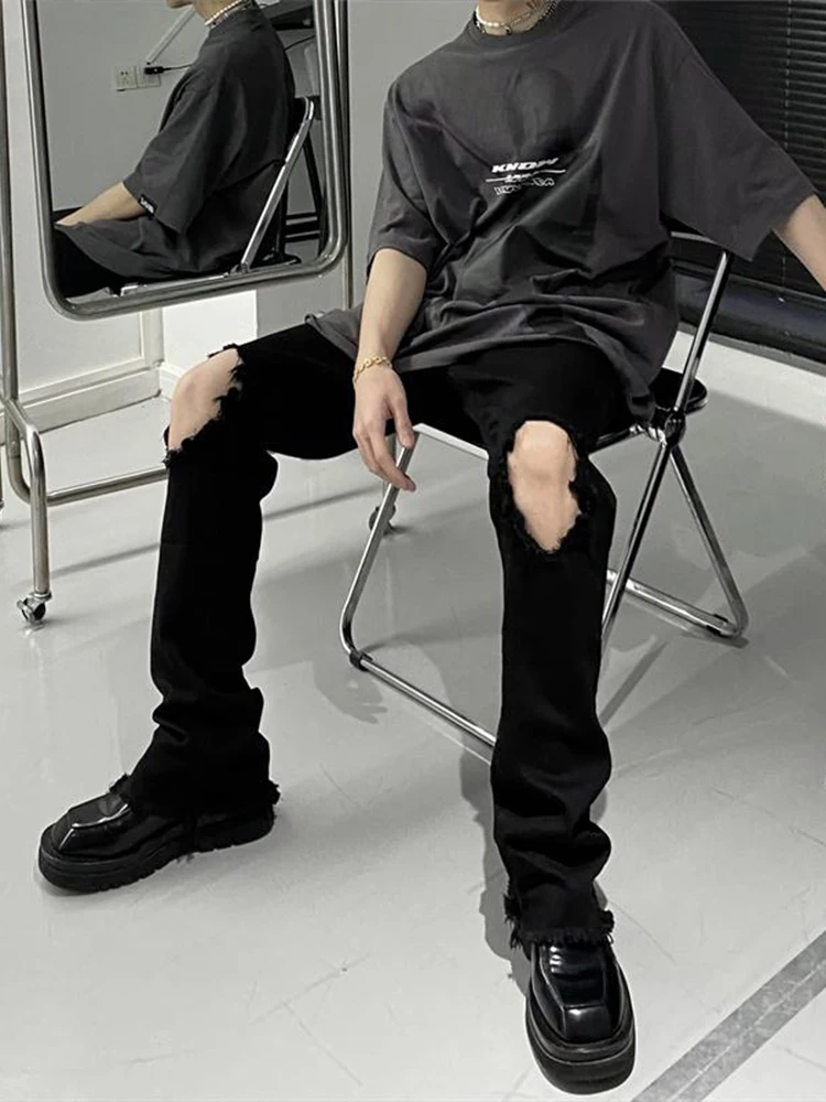 

Black Knee-Hole Ripped Jeans Men's Summer Thin CleanFit Pants American Style Knife Flared Trousers Slim Fit Youth Fashion