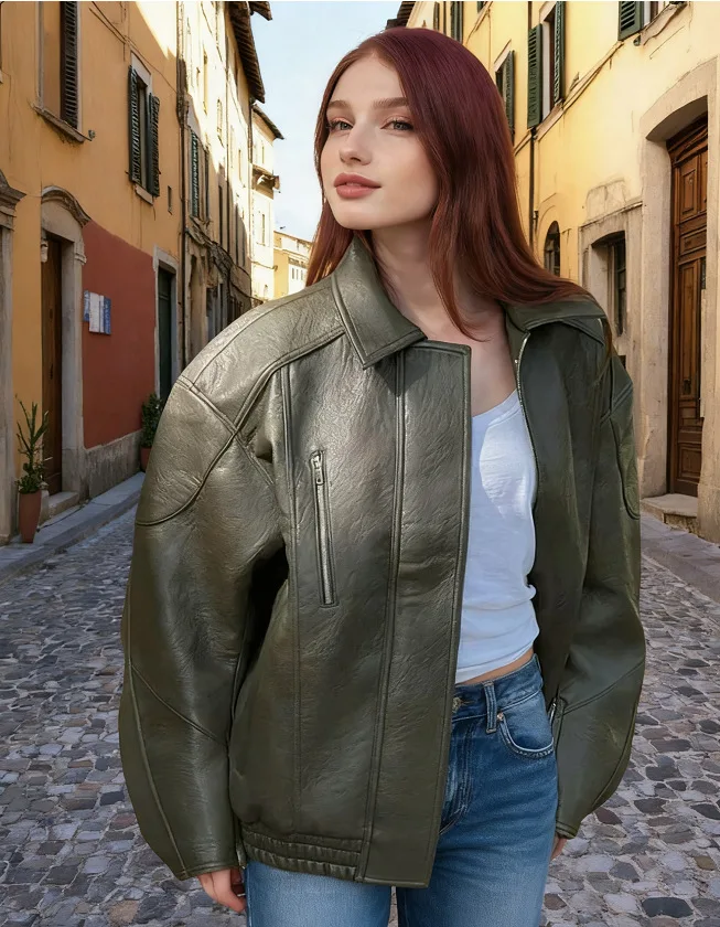 2025 Autumn Winter New Women Short Turn Down Collar PU Leather Jacket Loose Casual Retro Style Multi Color Options