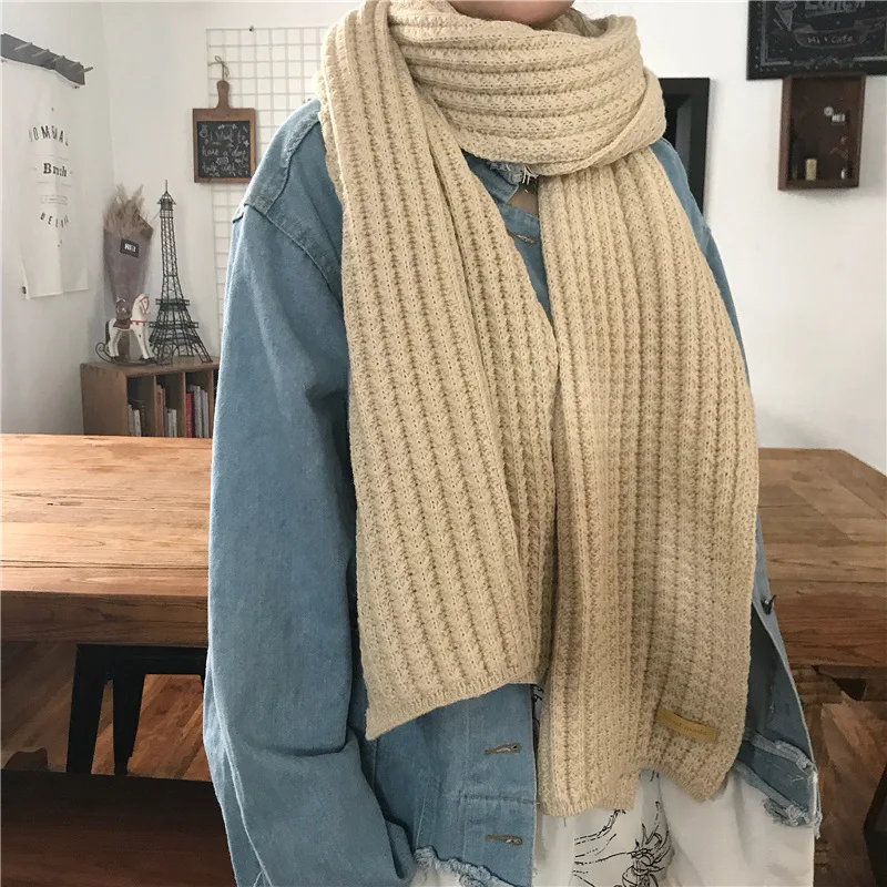 Harajuku Wind Thick Wool Knitted Scarf Female Winter Korean Version of The Thickened Warm Scarf Students Solid Color Tide