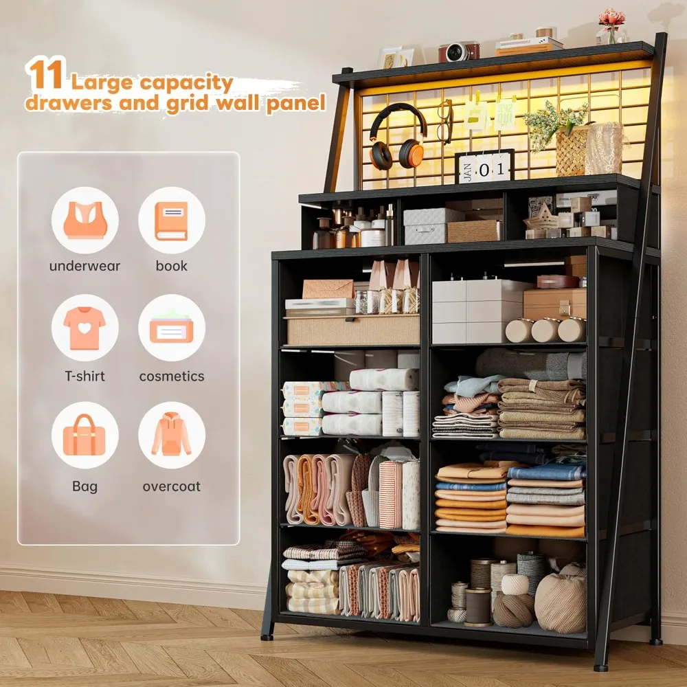Cômoda alta preta de 51 "h para quarto com 11 gavetas e luzes LED, cômodas e cômodas para quarto, sala de estar, clos