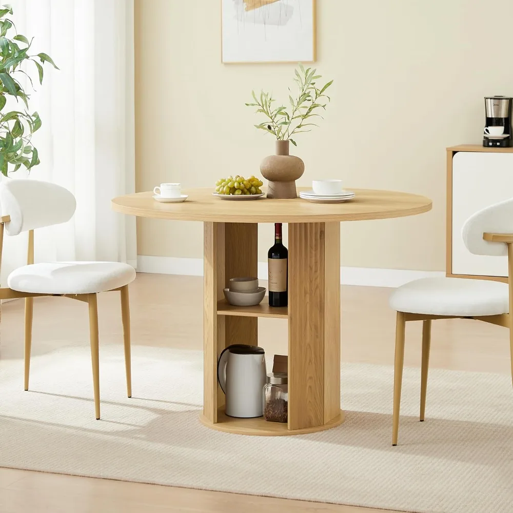Round Dining Set with Table & 2 Chairs, Modern Style, Storage Shelf, Natural Wood, Velvet Seats, Compact for 2–4