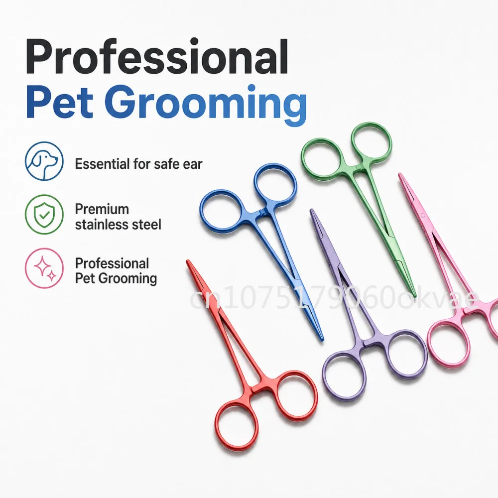 Stainless Steel Pet Grooming Scissors Hemostat Forceps Multi-Color Locking Clamp for Dog Cat Ear Hair Plucking and Wound Care