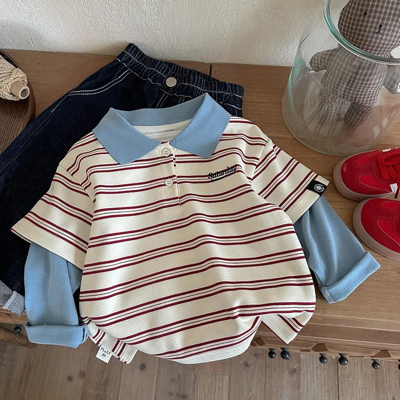 

Новая хлопковая детская одежда для мальчиков на весну-лето: полосатый свитшот с воротником поло и элементами пэчворка, для малышей 2-12 лет