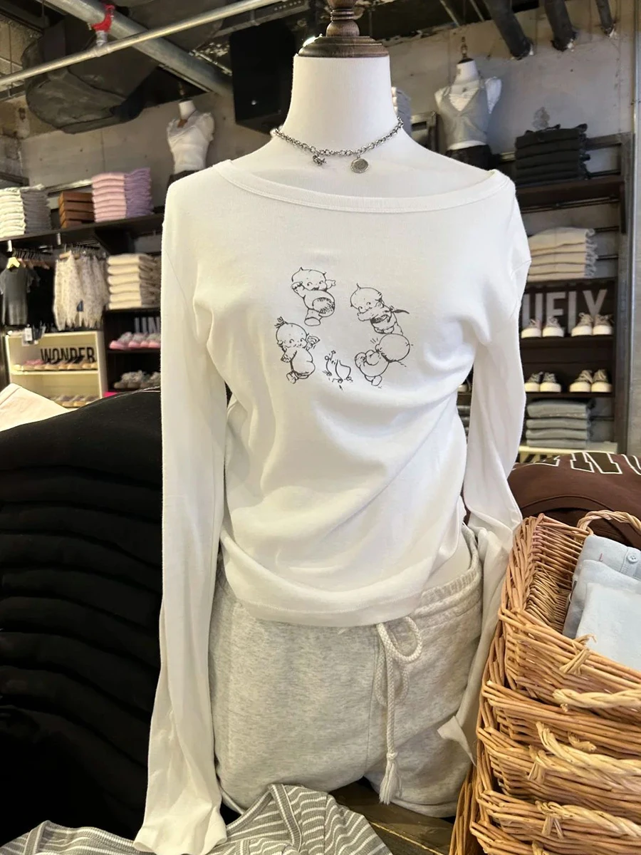 

Angel Baby Print White Long Sleeve Tees Women Autumn Round Neck Cotton Slim T-shirts Vintage Sweet Cute Cartoon T Shirt Y2k Tops