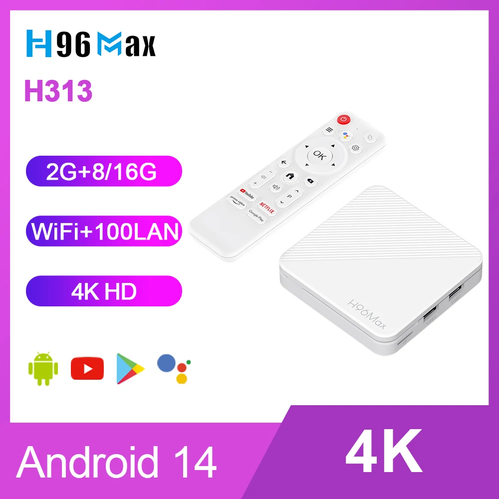 

H96 Max H313 Android14 Tv Box 4K@60fps Netflix And Othe Media Player WiFi6&BT5.4 Smart Tv Box Android Support Google Voice iptv