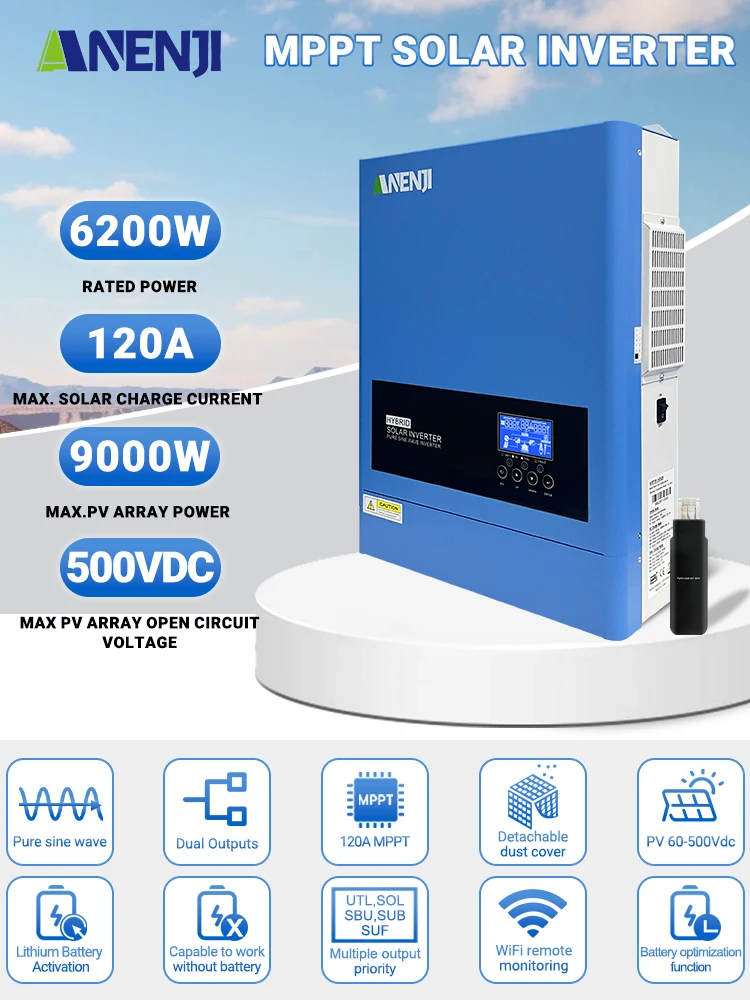 ANENJI 6,2 kW 48 V 4,2 kW 24 V Hybrid-Solarwechselrichter 220 V reine Sinuswelle WIFI MPPT-Wechselrichter Wechselrichter Solar Wongbrido für Solarpanel