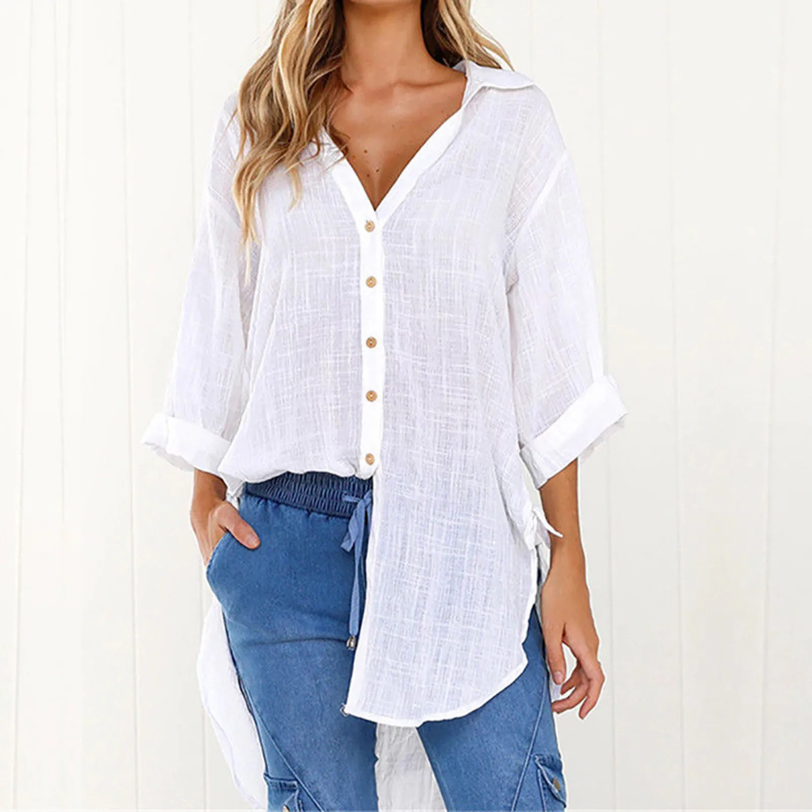 

2024 Lace-up Irregular Shirts Elegant Versatile Blouses For Women Summer Solid V-Neck Half Sleeve Causal Mid-length Loose Tops