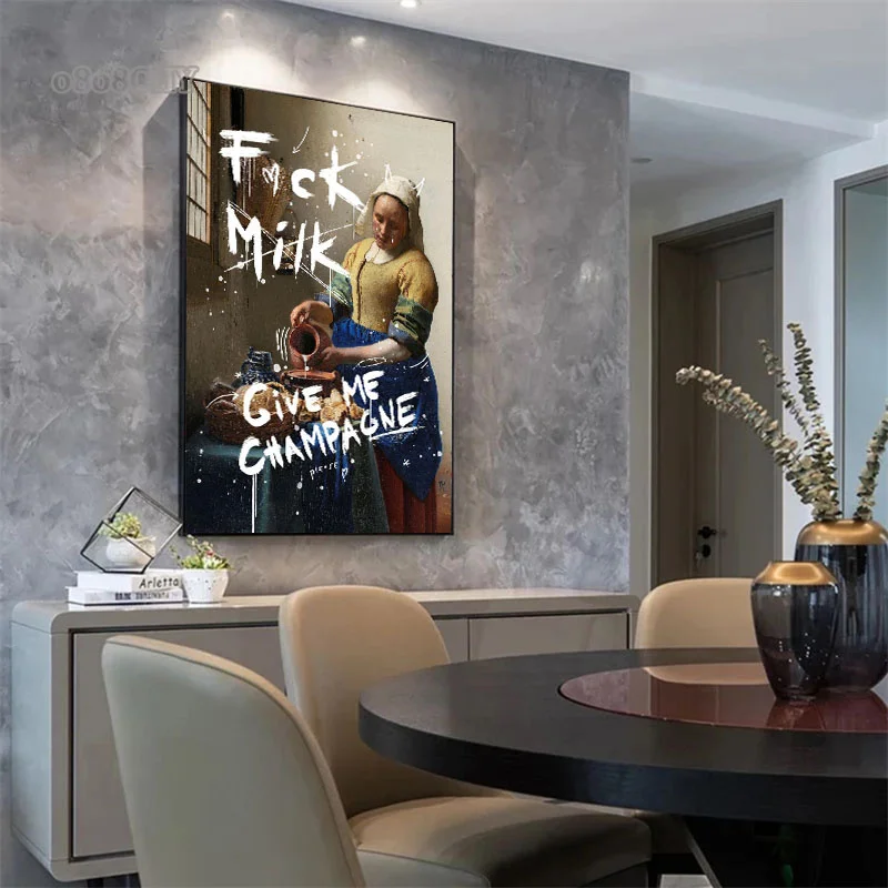 ملصق فني مضحك لحورية الحليب ، أعطني لوحة قماش الشمبانيا ، لوحة فنية جدارية مطبوعة ، صورة للمنزل ، ديكور حائط بار #4