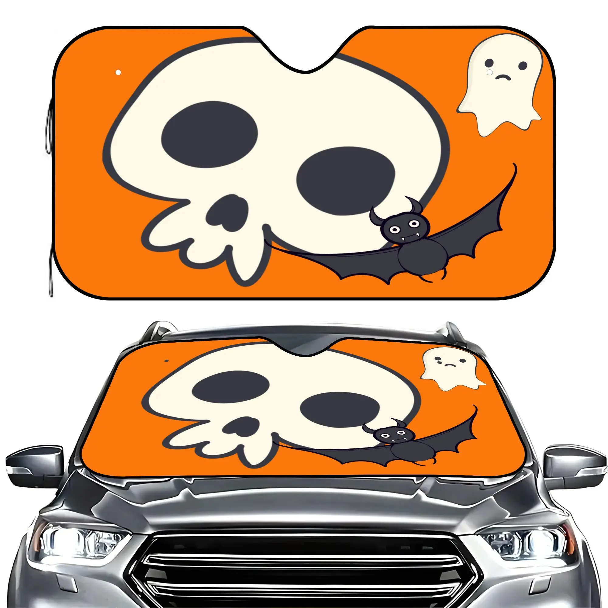 Halloween Skull Car Windshield Sun Shade, Foldable UV Ray Reflector Protector, Keeps Vehicle Cool, Fits Most Sedans SUV