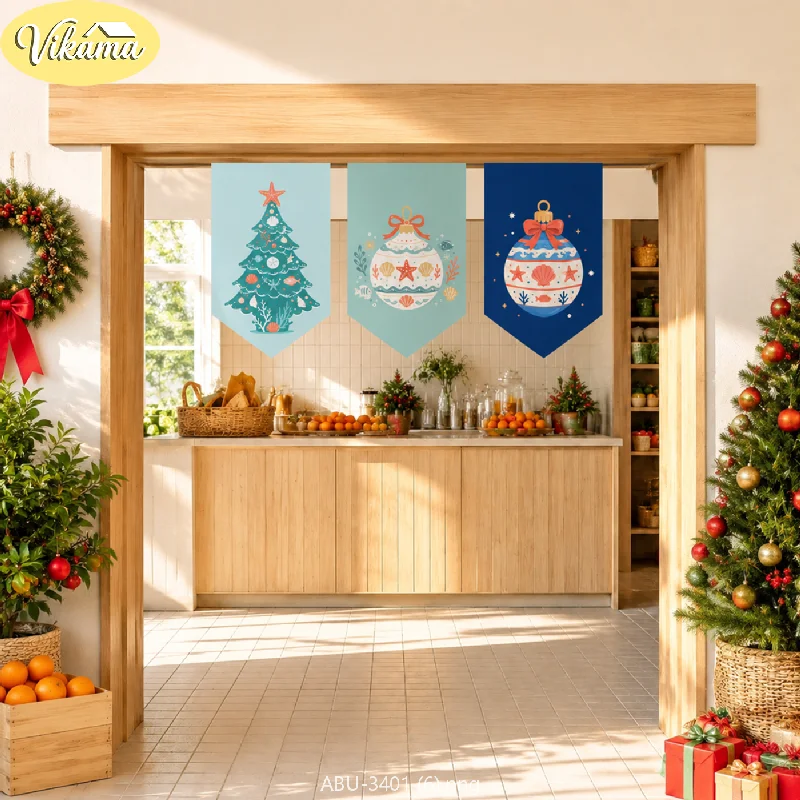 VIKAMA Christmas Triangle Banners, Nautical Coastal Style Christmas Tree Ornament Print Triangle Banners, Festive Home Decor