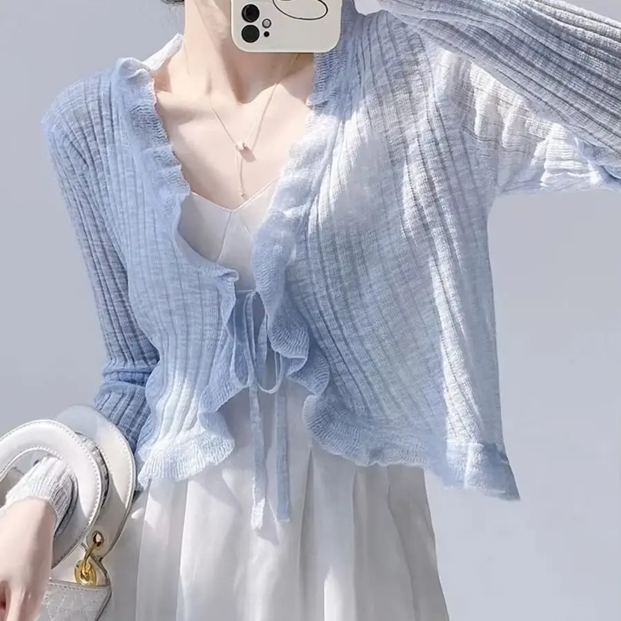 Ruffled Long Sleeve Crop Top Women Trim Tie Front Ribbed Chic Knit Cardigan Sweater Shrug Tops Summer Teen-girl Fairycore Outfit