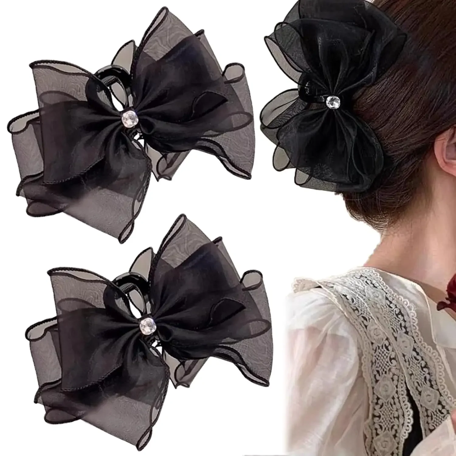 

2 PCS Bow Hair Claw Clips Black Mesh Tulle Hair Clips With Diamond Large Sweet Hair Accessories Clip