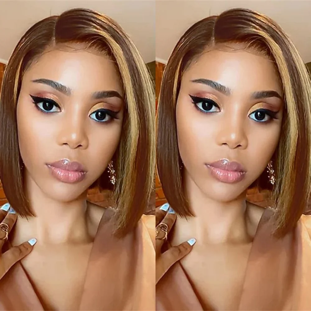 

Ombre Highlight 13x4 Pre-Bleached Straight Bob Wig P4/27 Highlight 200% Density Swiss Lace Adjustable With Baby Hair For Women
