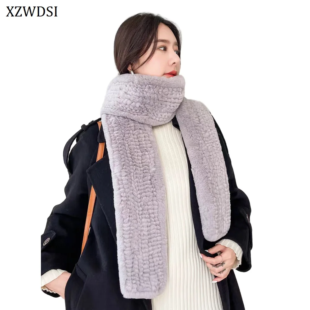 New Lady Genuine Rex Rabbit Fur Scarves Fashion Long Style Knitted Russian Women Winter Fur Mufflers