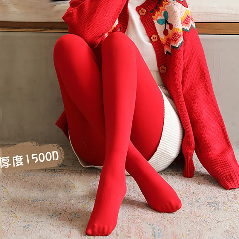 2024 Warm Red Pants Autumn Winter Plush Thickened Pantyhose Women Leggings Wedding Benmingnian New Design Bright Foot 155-172cm