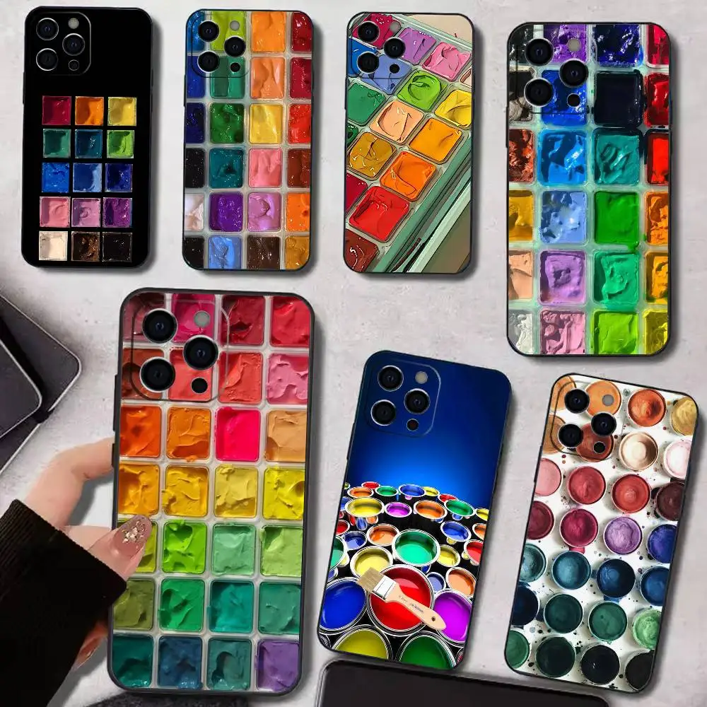 

W-Watercolors Set Paint P-Palette Phone Case For iPhone 17,16,15,14,13,12,11 Plus,Pro Max,XS,Soft Silicone Black Cover
