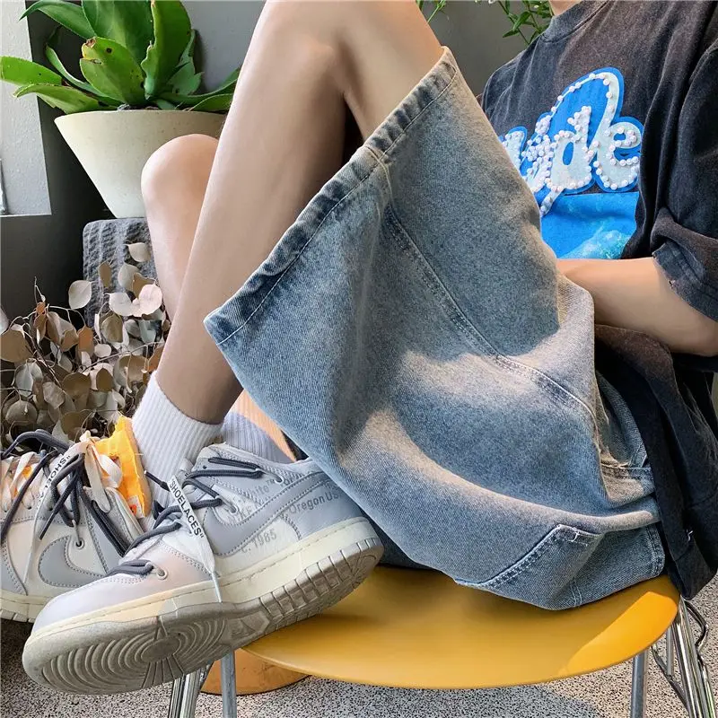 

Мужские летние тонкие свободные прямые повседневные джинсы пять четвертей с низкой талией, полиэстер, смесь хлопка, прямой крой, свободный крой