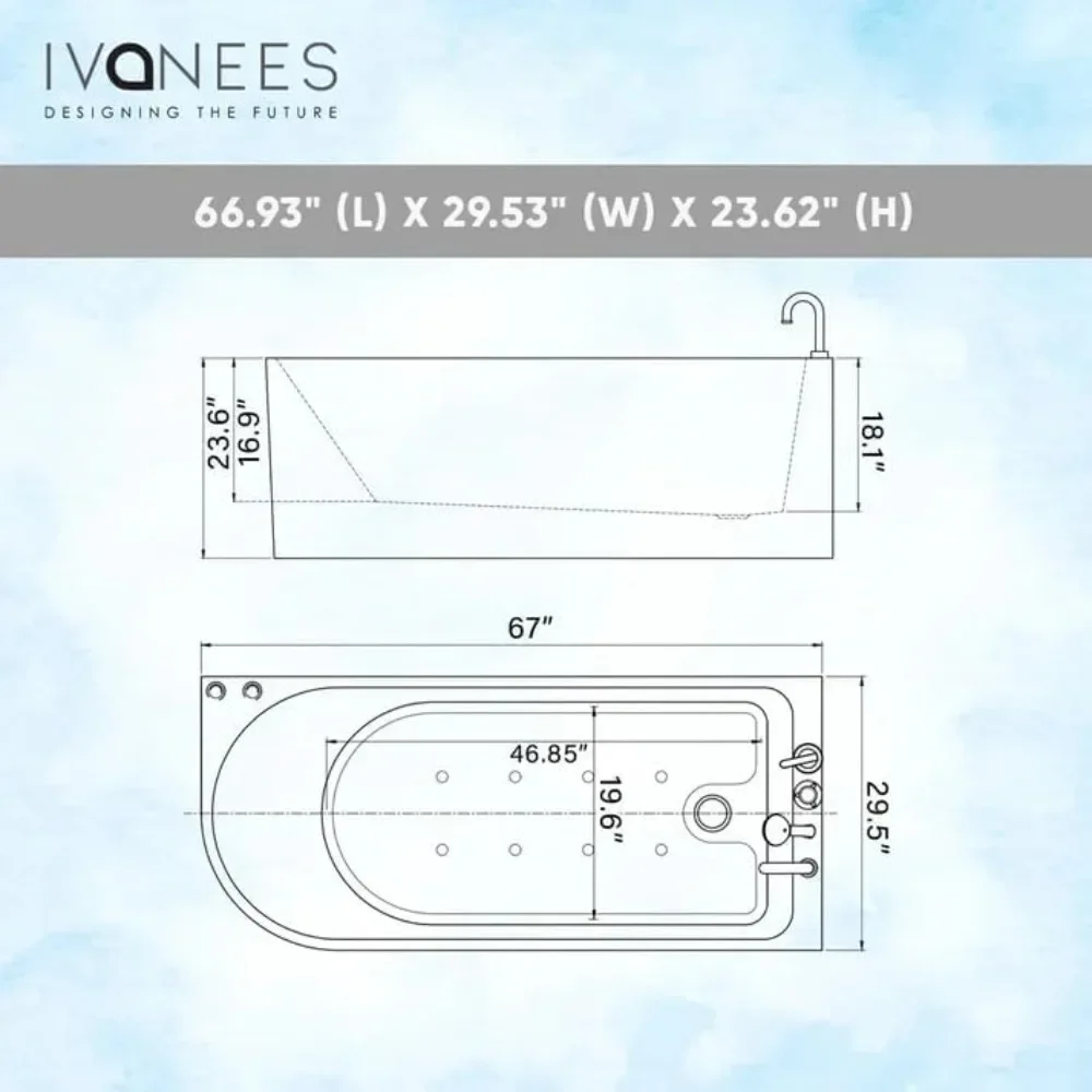 67 Inch Acrylic Freestanding Whirlpool Corner Hot Tub Modern Soaking Bathtub with Right Drainage and LED Control Panel