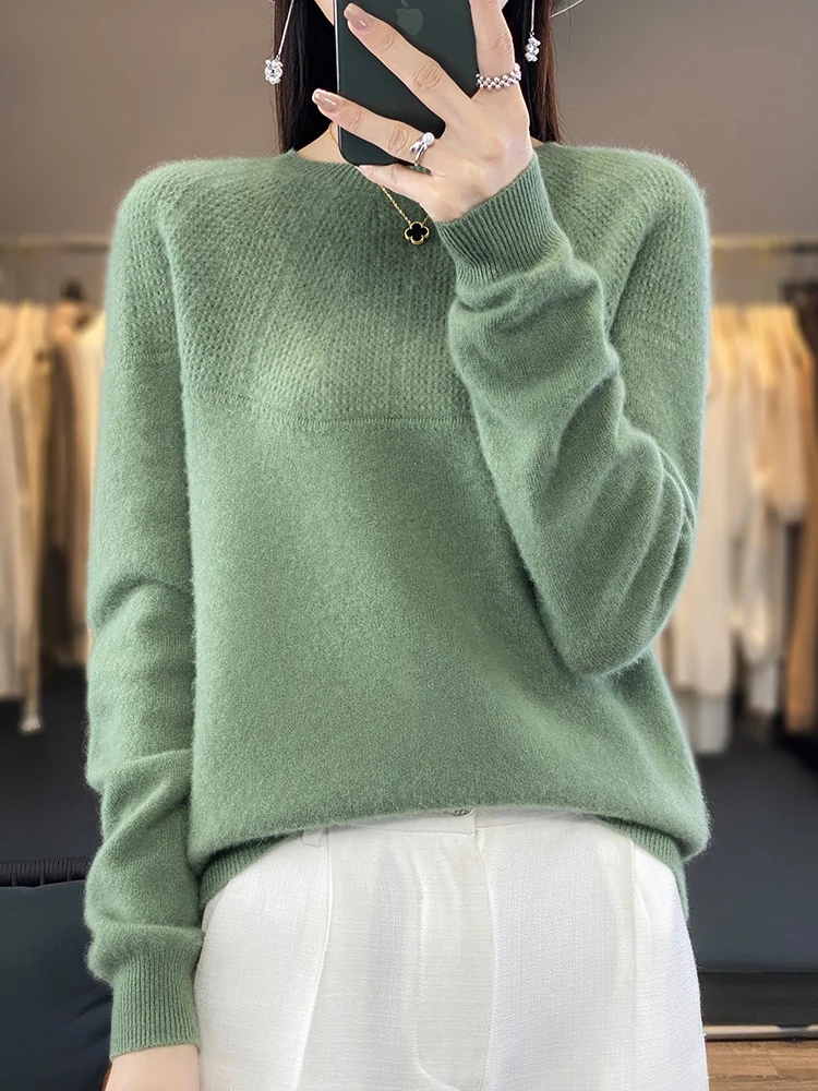 100% Merino Wool Sweater Women Autumn Winter Pullovers O-Neck Hollow Long Sleeves Cashmere Knitwear Female Basic Bottoming Shirt