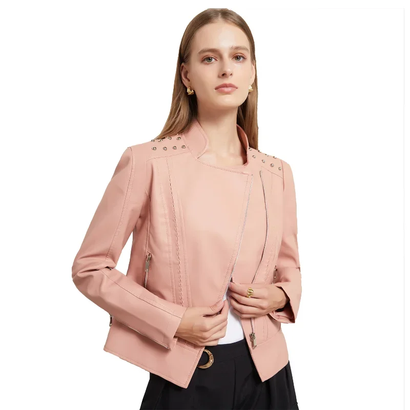 Cappotto da donna in ecopelle cappotti sottili in Pu colletto rovesciato giacche Sexy a maniche lunghe con cerniera giacca corta con giuntura Casual Slim Fit